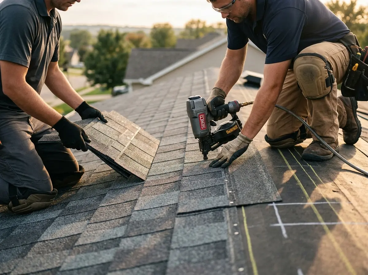 Professional roofer working on a residential roof in Fruitport